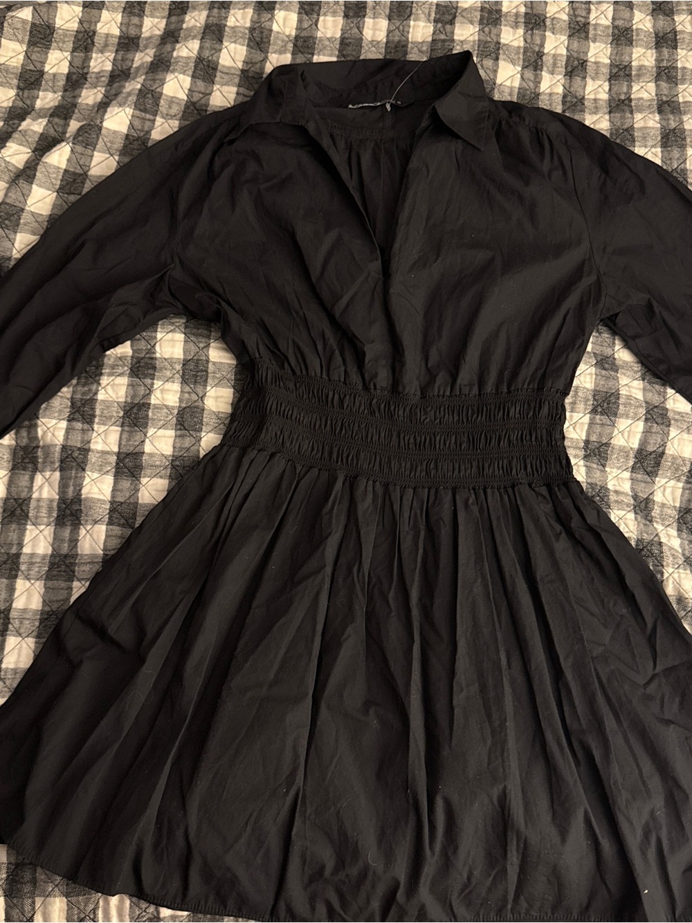 ZARA Black Poplin Mini Shirt Dress Smocked Waist Size Medium